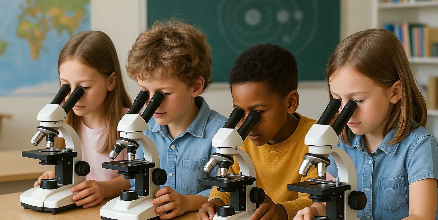 Four students look through microscopes together during a science class.